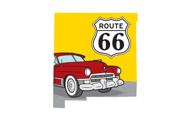 Illustration of a vintage red car on a yellow background with a "Route 66" road sign.