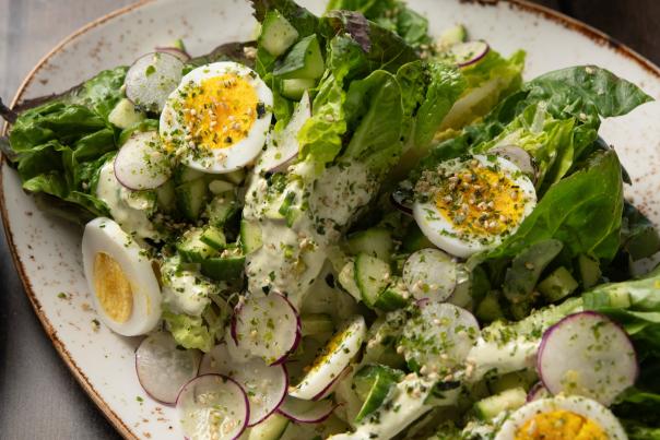 Little Gem Salad with Cucumbers and Green Goddess Dressing