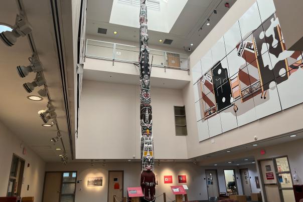 The Smith Family Totem Pole stands at 41 feet inside the Hibben Center on the University of New Mexico’s Albuquerque campus.