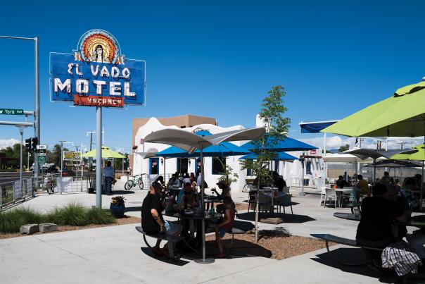 The sunny patio at El Vado Motel.