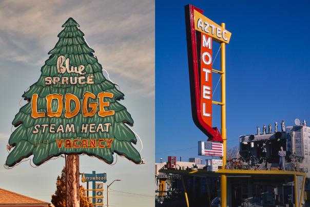 The now-gone Blue Spruce Lodge and Aztec Motel.