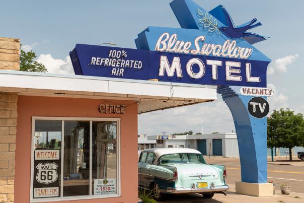 The Blue Swallow’s arched neon sign is among the most recognizable in all of New Mexico.