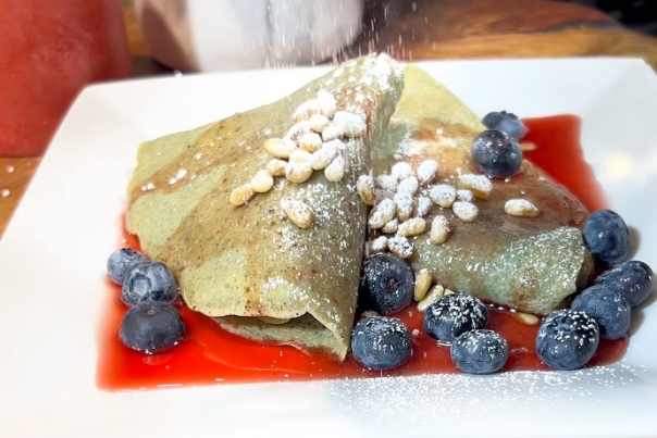 Blue Corn Crepes with Prickly Pear Syrup