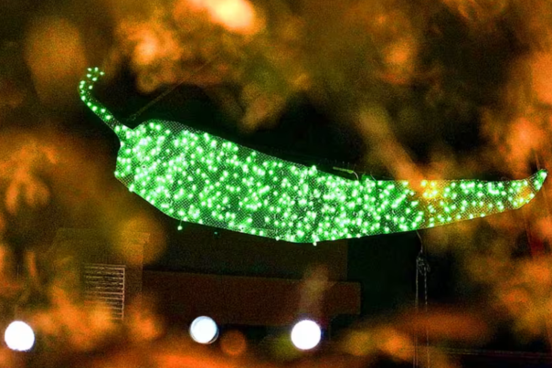 A large green chili pepper lit with twinkling lights hangs against a dark background.