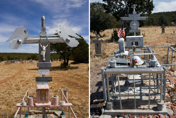 Tinwork tombs by Horace McAfee at San Juan Nepomuceno Cemetery in Chilili.