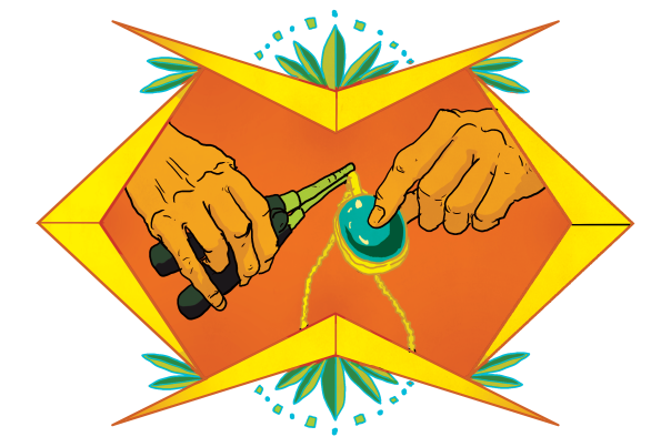 Illustration of two hands holding a clamp to a turquoise pendant necklace.
