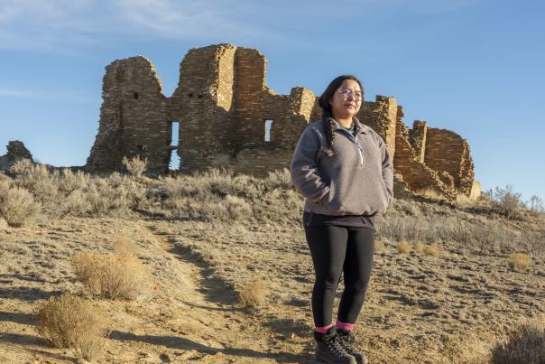 A person stands on a sandy, shrub-filled landscape before ancient stone ruins under a clear blue sky.
