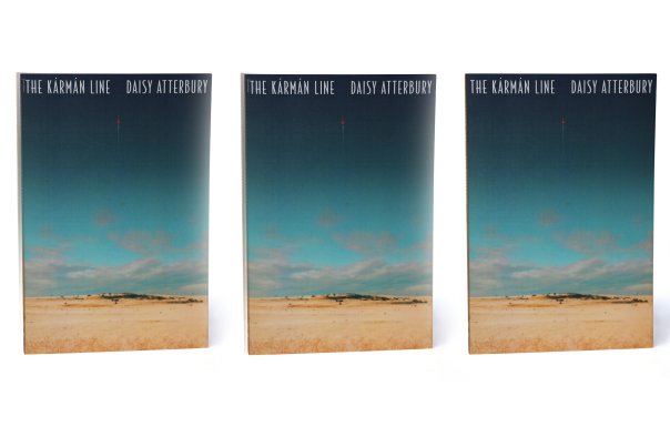Three covers of The Karman Line by Daisy atterbury showing a desert landscape under a blue sky.