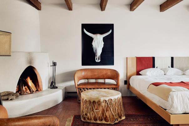 Some of El Rey Court’s cozy guest rooms include beehive fireplaces to go along with the warm Southwestern tones.