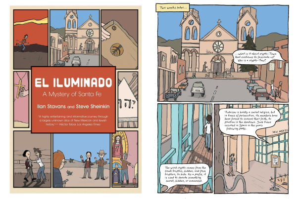 Comic-style cover and page from ‘El Iluminado,’ showing Santa Fe scenes, a church, and characters walking and talking.