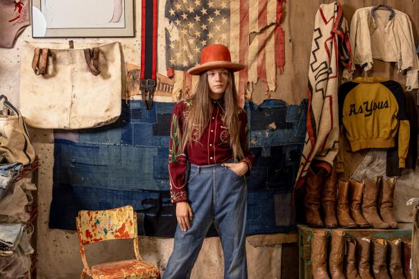 Nolan Hall wears a 1940s Nathan Turk shirt, 1950s side-zip workwear pants, and Six Hand Hat Company hat at Santa Fe Vintage.