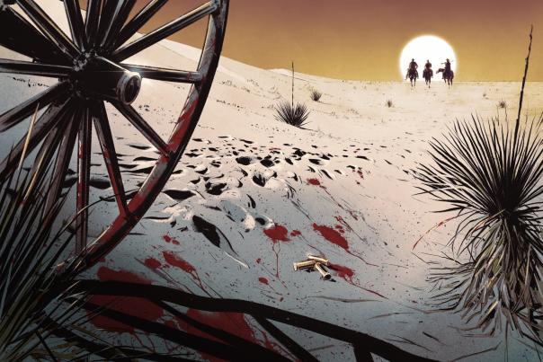 Illustration of desert crime scene at sunset, with wagon wheel, blood stains, and three riders in the distance.