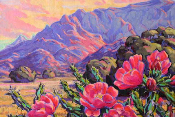 Colorful painting of blooming pink desert flowers in the foreground with purple mountains and a pastel sky in the background.