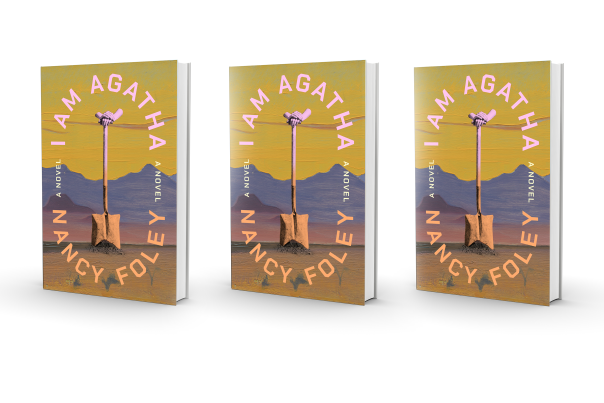 Three copies of the book "I Am Agatha" by Nancy Foley are displayed. The cover features a shovel in the ground with a vibrant sunset background.