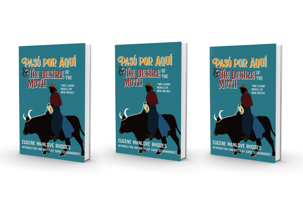 Three copies of a book titled “Pasó Por Aquí & The Desire of the Moth” are displayed standing upright, each featuring an illustrated figure on horseback against a teal background.