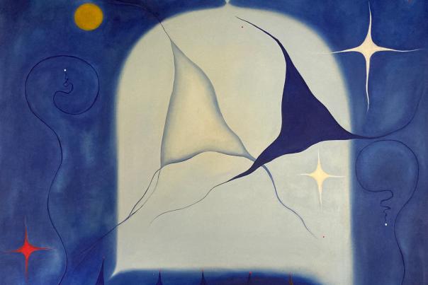 Artwork showing a man and woman in a window, part of Sao's new exhibition, Temples of Spirit, at Santa Fe's Folklore gallery.