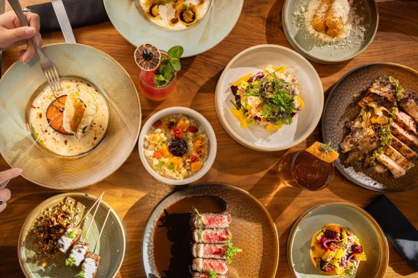 A variety of gourmet dishes artfully arranged on a wooden table. Plates include grilled meats, salads, and desserts, with vibrant colors and textures.