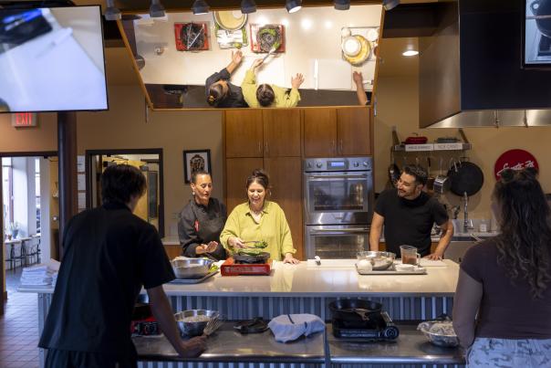 Mica Chavez, left, teaches at Santa Fe School of Cooking.