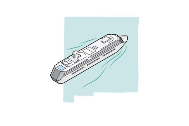 An illustration of a cruise ship sailing to the left on teal-colored water in the shape of the state of New Mexico.