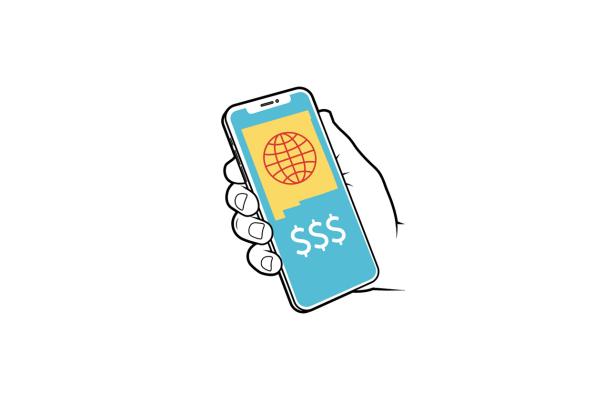 A hand holding a smartphone showing a globe and dollar signs.