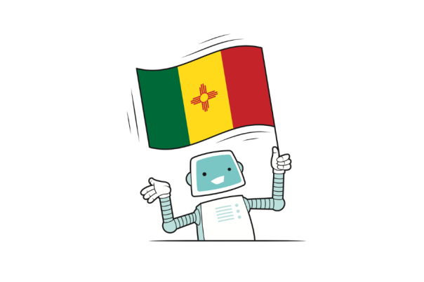A smiling robot waves a Mexican flag, illustrating AI mistaking New Mexico for Mexico.