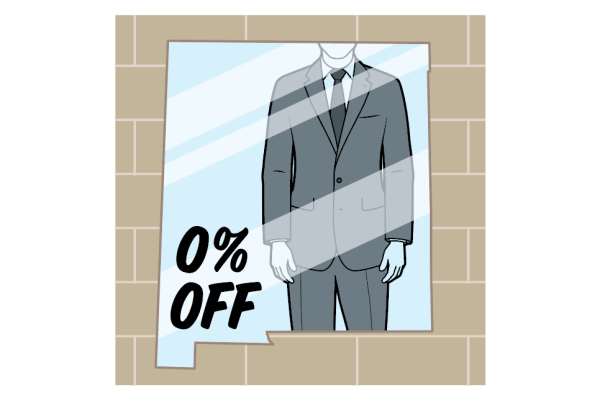 Store window display featuring a suit and tie with a sign reading "0% OFF".