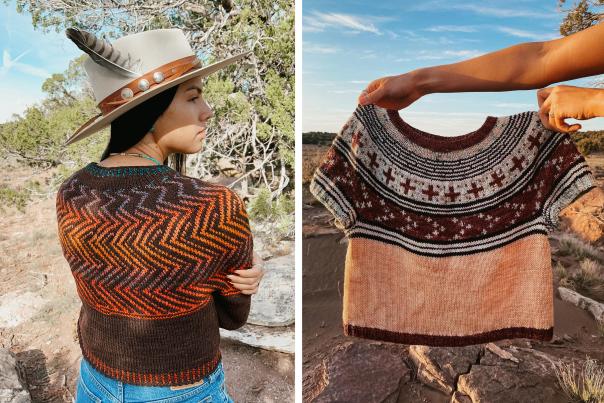 Jennifer Berg incorporates Diné motifs into knitting patterns such as the Phases sweater (right) and Eye Dazzler sweater (left).