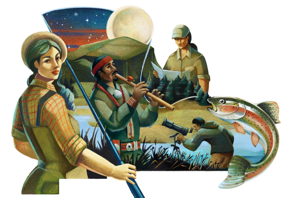A stylized illustration depicting diverse people enjoying nature, including fishing, birdwatching, playing music, and exploring.