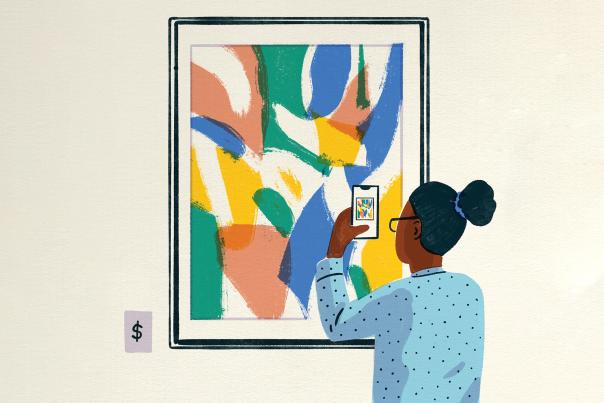Illustration of woman taking photo of artwork by Ryan Johnson.