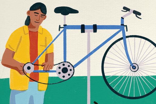 Man working on a bicycle illustration by Ryan Johnson.
