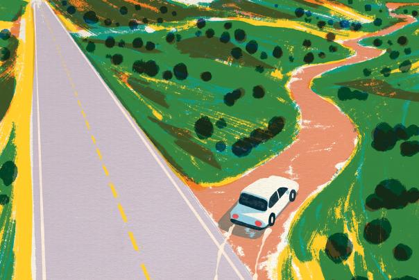 Car driving into a dirt road illustration by Ryan Johnson.