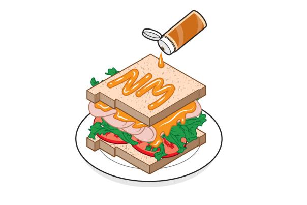 Illustrated sandwich with sauce dripping onto bread in the shape of the state of New Mexico.