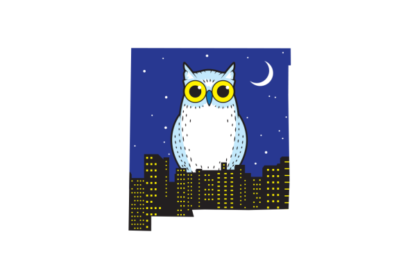 Illustrated owl with bright yellow eyes perched above a city skyline under a night sky.