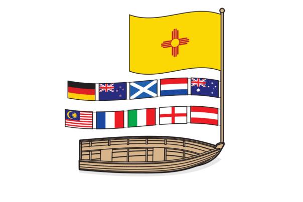 Illustration of a small boat with several countries flags.