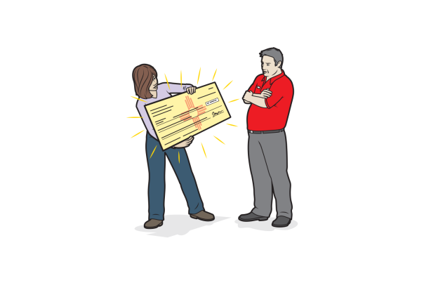 Illustration of a woman presenting a man with a check with a Zia symbol on it.