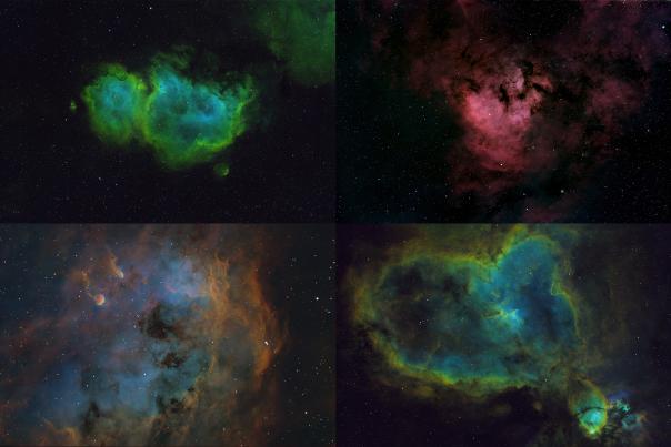 Astrophotography of the Soul Nebula, NGC 7882, Heart Nebula, and Tadpoles Nebula.