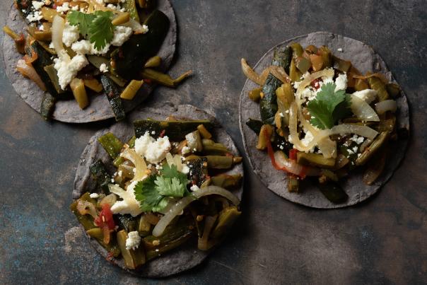 Chef Andrew Fleisher Ortivez's nopales rajas tacos with blue corn tortillas.