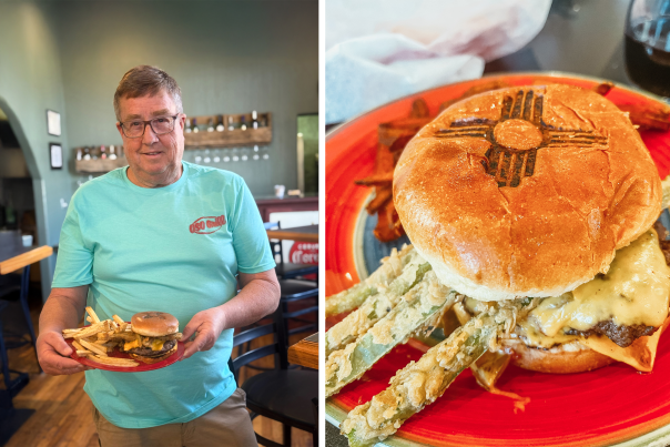 From left: Co-owner Brian Cleckler. The half-pound green chile cheeseburger gets a Zia brand.