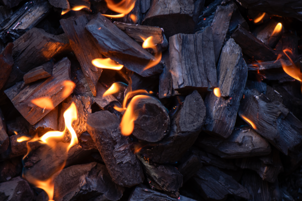 Fiery embers glowing in a pile of charcoal.
