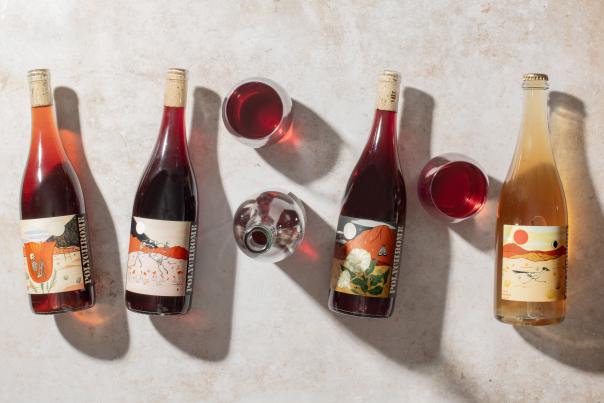 Overhead view of Polychrome wine bottles and glasses filled with red and rosé natural wines on a light tabletop.
