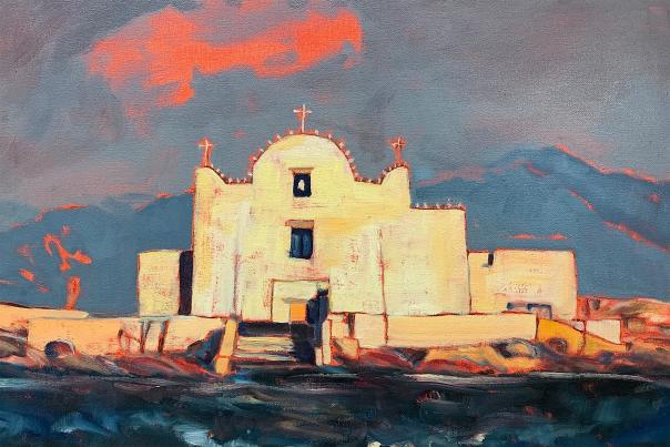 An impressionist painting of a white mission church with a red cloud in the background.