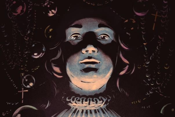 A surreal image of a person's face illuminated from below, casting dramatic shadows.