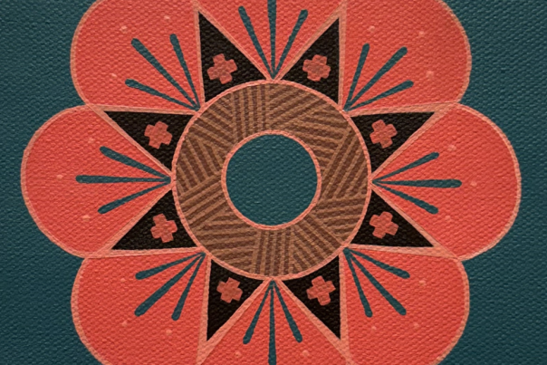 A geometric floral design features a circular center surrounded by pink petal‑like shapes accented with black triangles, teal lines, and small cross motifs on a textured teal background.