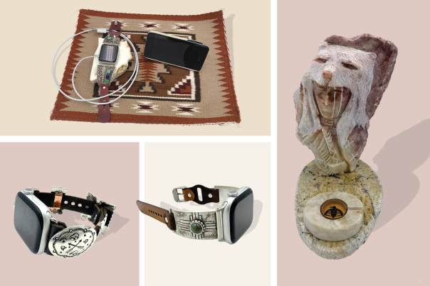 Collage showcasing smartwatches with leather straps on Native American textiles, a stone sculpture resembling a figure, and a smartphone with a charging cable.