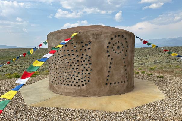 The shrine is inspired by roadside Greek chapels and Buddhist stupas.