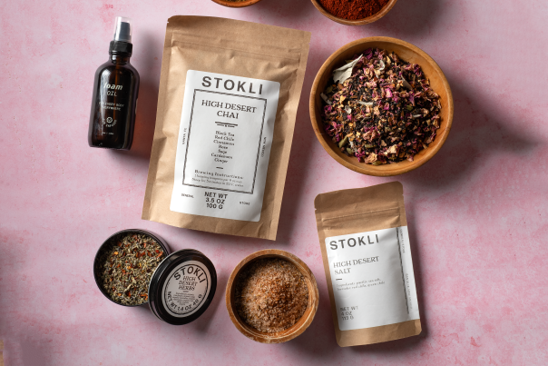 Stokli offers an enchanting brew of organic black tea with cinnamon, rose, cardamom, ginger, and New Mexico red chile and sage.