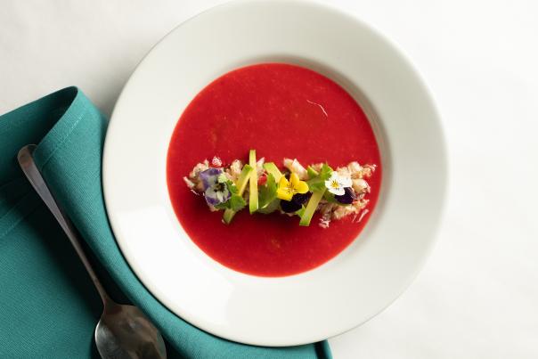 Rhubarb and Strawberry Gazpacho is the perfect summertime soup.