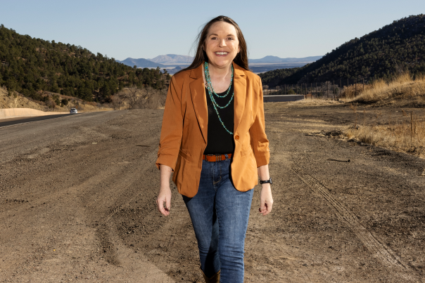Ratón civic leader Brenda Ferri takes a walk on today’s Santa Fe Trail near the Ratón Pass.