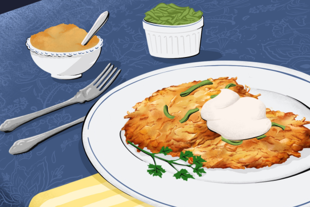 An illustration of a plate with Latkes topped with sour cream and herbs, served alongside bowls of applesauce and green beans.