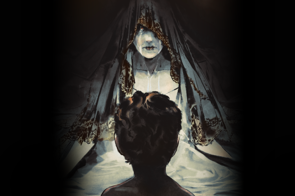 Illustration of La Llorona shown as a ghostly figure draped in dark veil looming over a child.